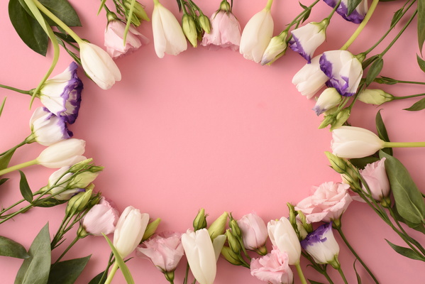 Flatlay of Spring Flowers Put in Round on Pink Background